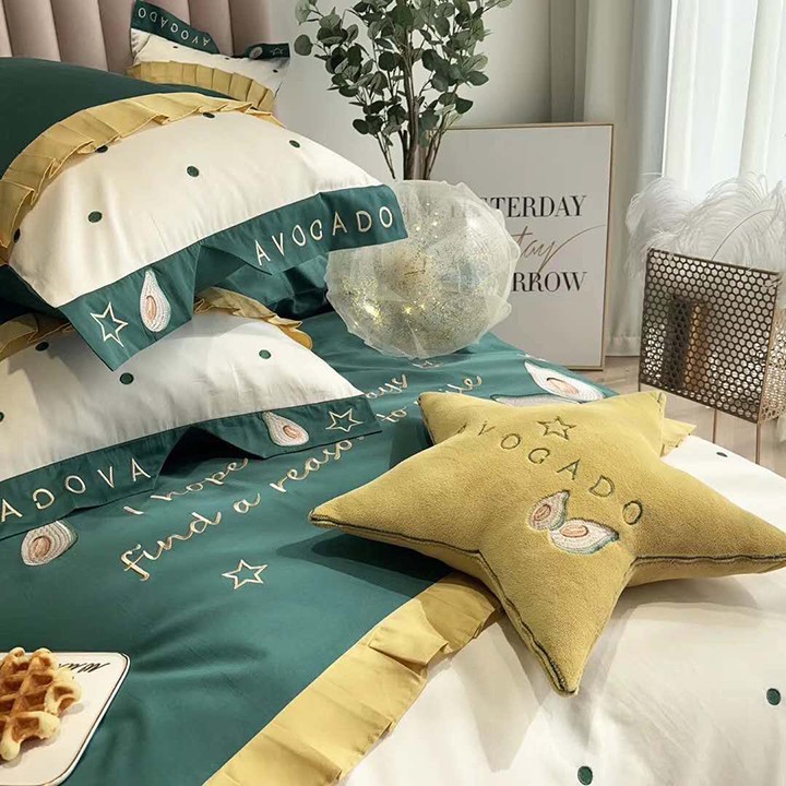 Bộ chăn ga gối , drap giường chất vải Lụa 60s họa tiết Bơ Xanh