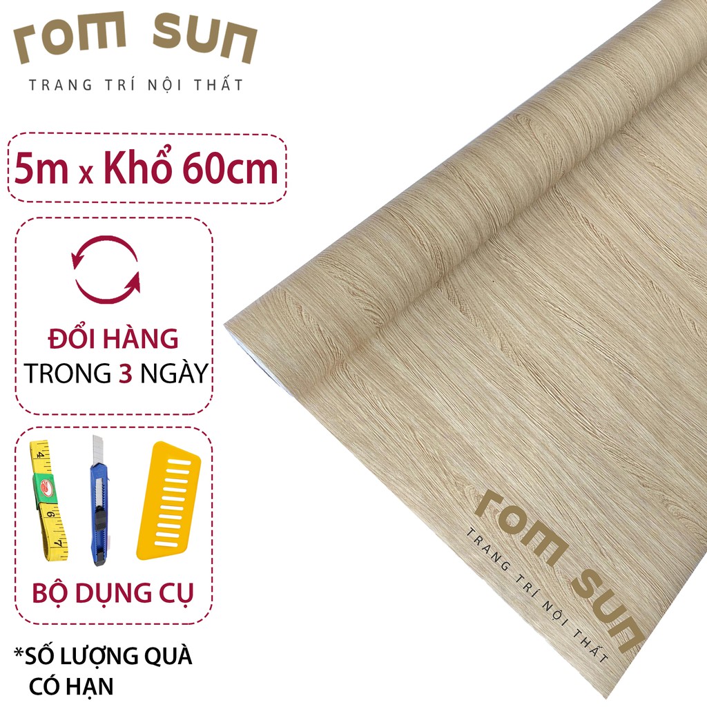 Decal dán tường giả gỗ khổ 60cm 1m2, Giấy miếng dán tường dán phòng ngủ vân 3D màu vàng nhạt