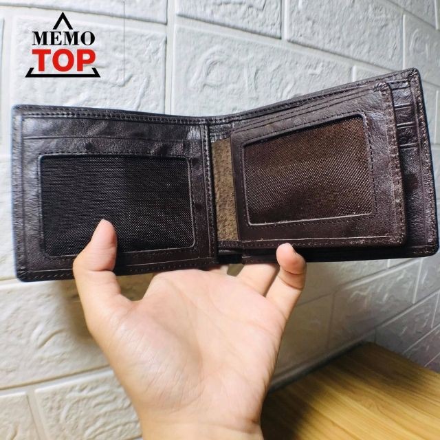 Ví ngang Nam da bò vân lá full da, cào không trầy xước, bóp không gãy vân, bền đẹp, cao cấp - Memotop