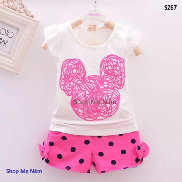 Set mickey quần chấm bi hồng