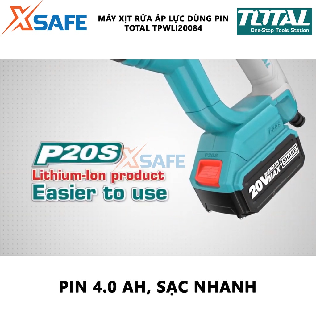 Máy xịt rửa xe cầm tay TOTAL TPWLI20084 Máy xịt rửa áp lực kèm 1 pin 4.0Ah, 1 sạc nhanh cùng nhiều phụ kiện hỗ trợ