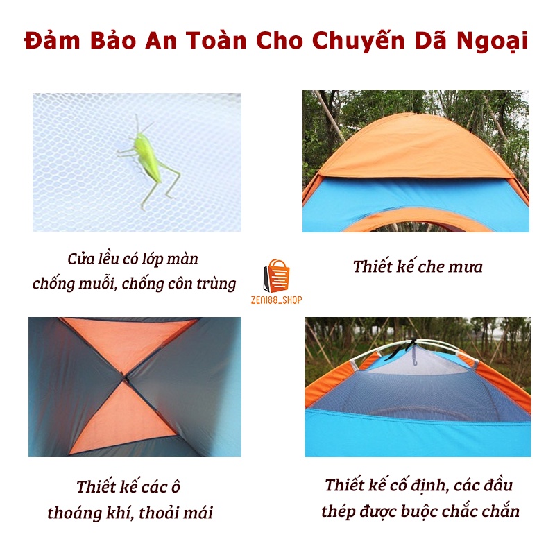 Lều cắm trại tự bung LOẠI DÀY, liều cắm trại dã ngoại 4-5 người có 2 cửa cực thoáng, chống nắng, chống mưa, chịu lực tốt