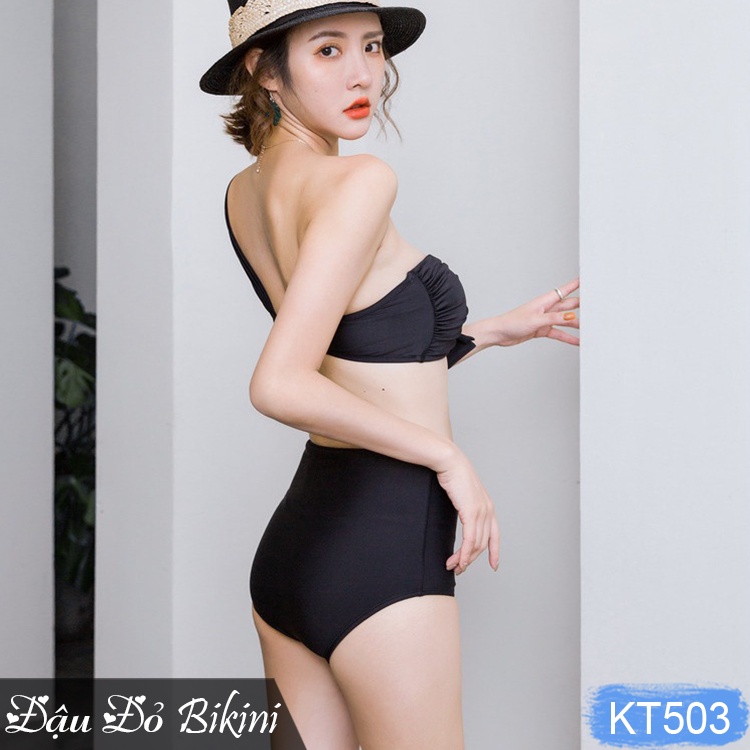 [4 MÀU] - Bikini nữ trẻ trung, quần cạp cao kín đáo, áo vai lệch cách điệu sexy, bộ bơi phong cách Hàn quyến rũ | KT503