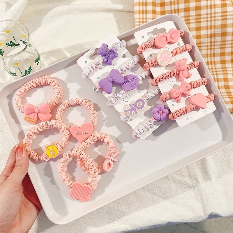 Set 5 Dây Buộc Tóc Cao Su Co Giãn Cho Bé Gái Họa Tiết Dễ Thương Phong Cách Hàn Quốc Xinh Xắn