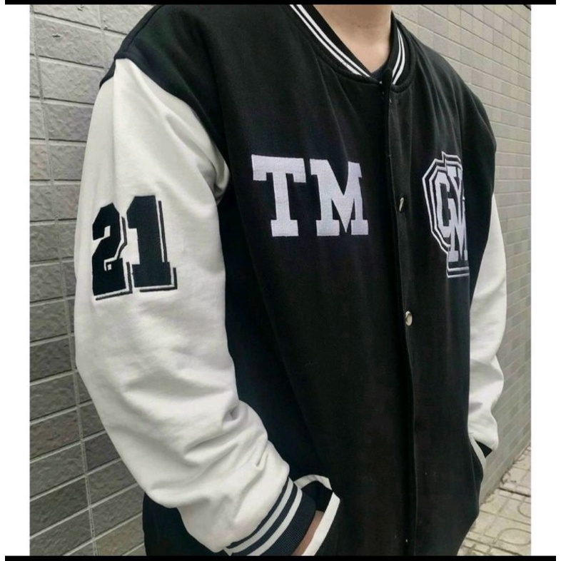 Áo Khoác Dù Bomber Unisex Nút Cài Phối Chữ TM CYM Phong Cách Bóng Chày Cá Tính