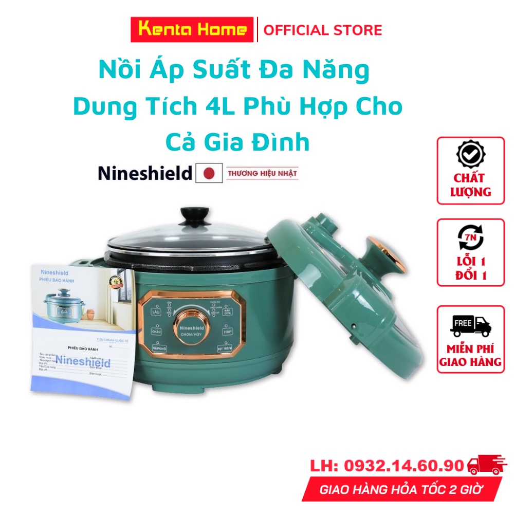 Nồi áp suất điện đa năng Nineshield chính hãng dung tích 4L, nấu lẩu, nấu cháo, nấu cơm, hầm xương, chiên xào, BH 1 Năm