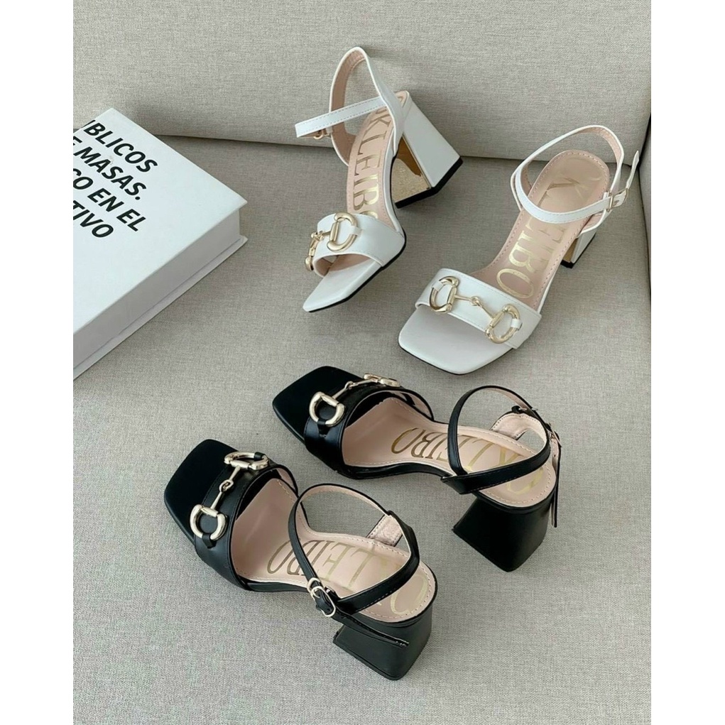 Sandal da mịn khuy ngang gót trụ to ốp vàng - 7P