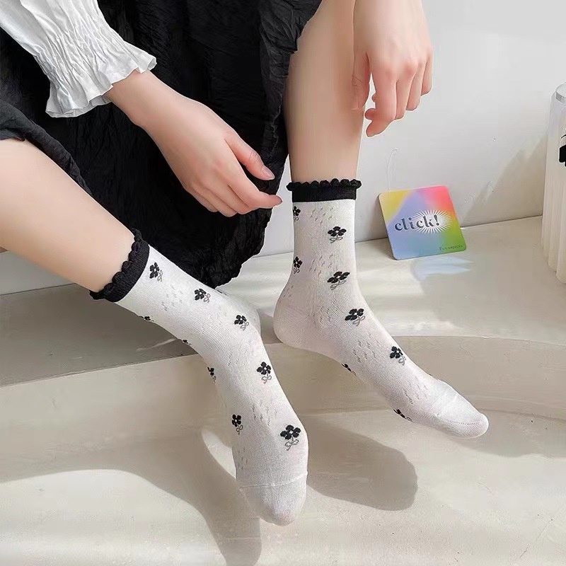 Vớ Cotton Ba Chiều Mỏng Thoáng Khí In Họa Tiết Hoa Màu Đen Phong Cách Nhật Bản Thời Trang Xuân Hè Dễ Phối Đồ Cho Nữ