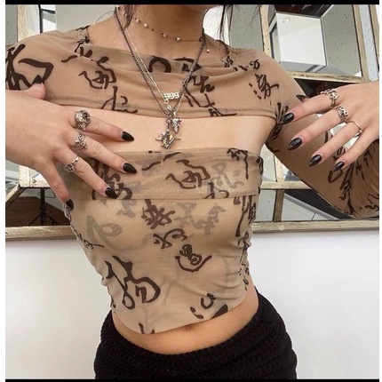 Set áo không dây croptop kèm áo khoác ngắn hoạ tiết chữ trung hoa gợi cảm