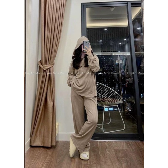 Bộ len dệt dáng suông đẹp, dày, ấm áp.Áo hoodie mũ rộng, quần ống suông dễ thương ❤️
