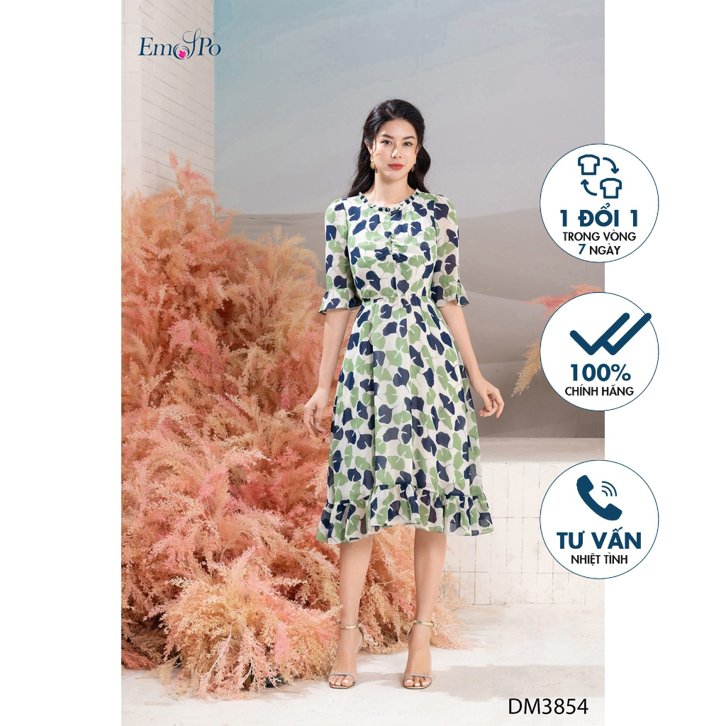 Đầm hoa lá nữ cổ tròn thời trang, tay lửng Emspo DM3854