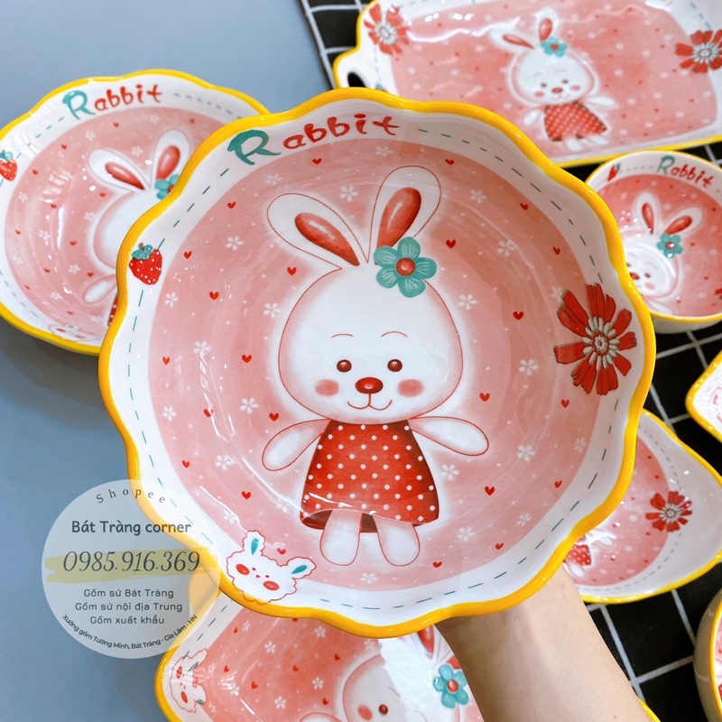 [Hàng có sẵn] Bộ thỏ hồng Rabbit siêu xinh, set bát đĩa sứ hình thú ngộ nghĩnh