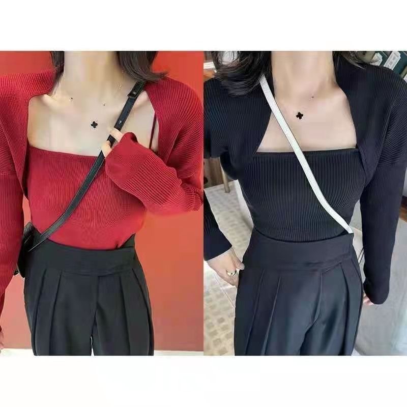 DUNEA Bộ áo dây + áo khoác cardigan dệt kim màu đỏ phong cách giáng sinh ngọt ngào cho nữ