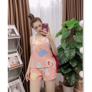 Đồ ngủ đùi 2 dây bèo vai siêu xinh vải lụa hàn siêu thoáng mát họa tiết bò sữa freesize dưới 57kg