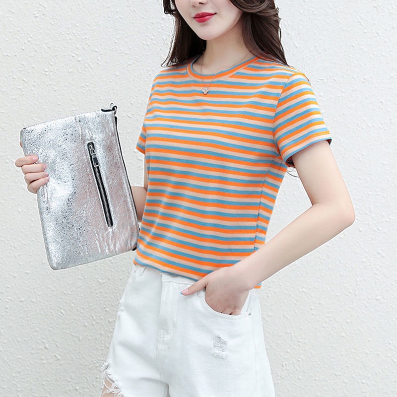 Áo Thun Tay Ngắn Dáng Rộng Mỏng Họa Tiết Kẻ Sọc Thời Trang Cao Cấp Dành Cho Nữ Trung Niên