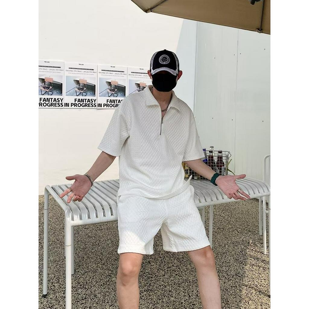 Bộ Áo Thun POLO Ngắn Tay Dáng Rộng + Quần Short Ống Rộng Phối Khóa Kéo Thời Trang Đi Biển Cho Nam