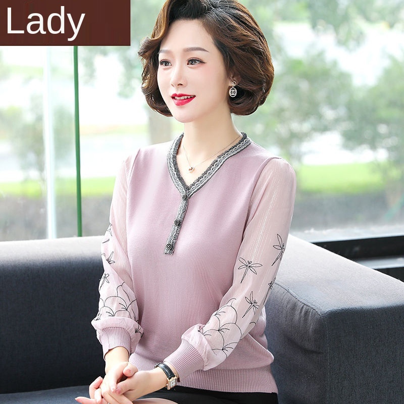 Áo khoác mùa thu cho mẹ trung niên mới 40 đến 50 tuổi 60 cho phụ nữ trung niên và cao tuổi Áo phông ba phần tư mùa xuân