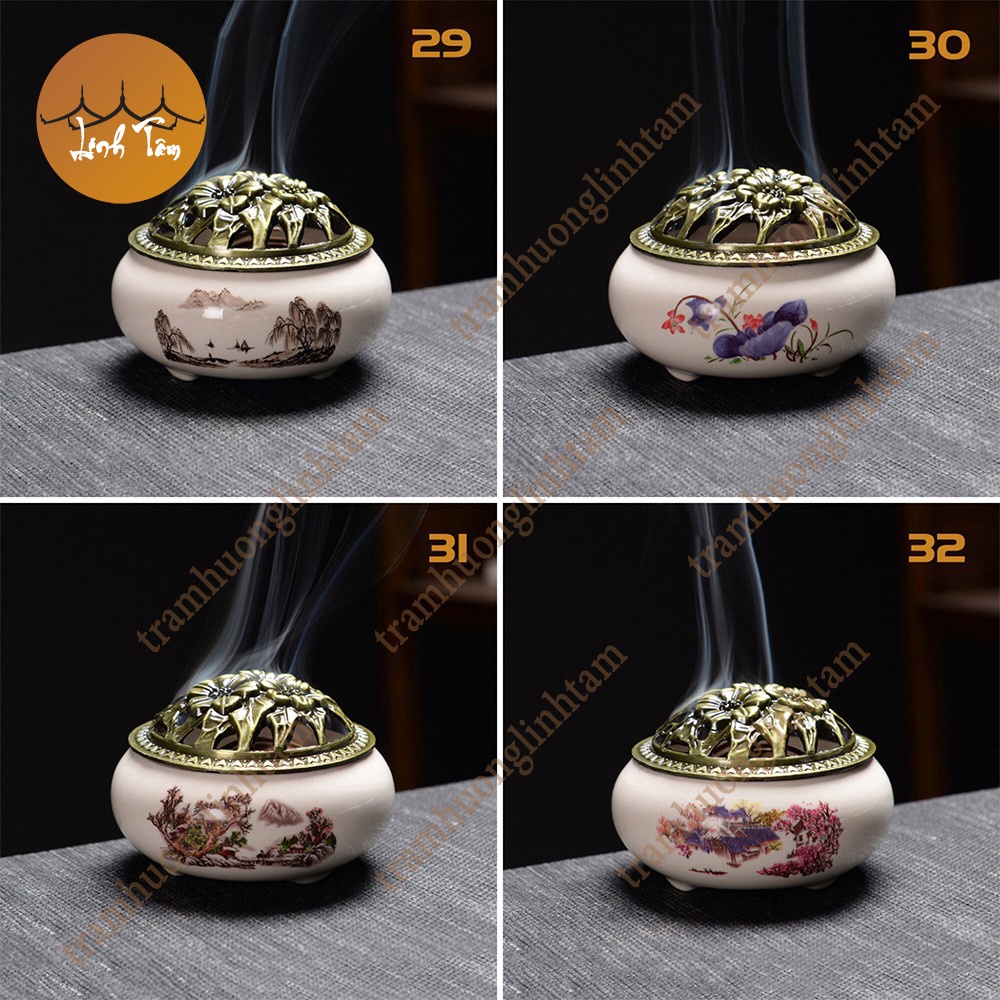 Combo Lư xông trầm hương đỉnh đốt nhang gốm sứ họa tiết + 10 nụ trầm tặng lót chống cháy
