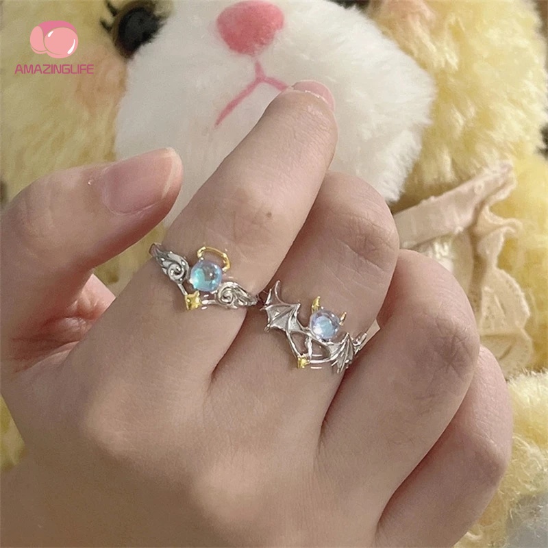 [Amazinglife] Nhẫn Cặp Đôi Đính Đá Mặt Trăng / Nhẫn Mở Điều Chỉnh Được Lãng Mạn Thời Trang Đám Cưới Cầu Hôn Nam Và