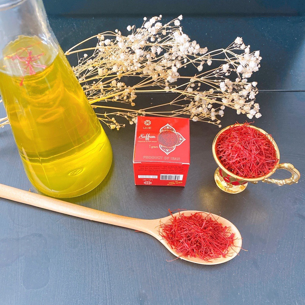 Saffron nhụy hoa nghệ tây IRan hàng nhập khẩu có đủ kiểm nghiệm và công bố thương hiệu Lamie hộp 1gram.