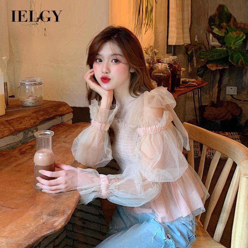 Áo kiểu nữ IELGY cổ vuông tay dài phối lưới màu trơn ngọt ngào thời trang kiểu Pháp