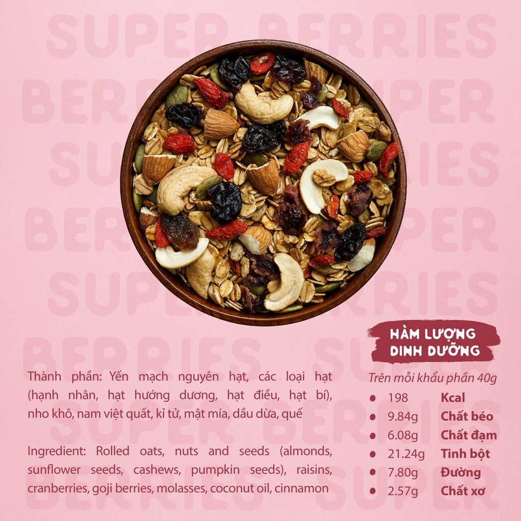 Granola Super Berries HAPPIOHA - Ngũ Cốc Ăn Sáng/Ngũ Cốc Ăn Kiêng Không Đường Tinh Luyện Vị 8 Loại Hạt Trái