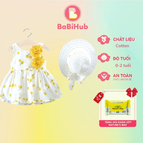 Đầm cho bé gái kèm mũ đính hoa, Váy cho bé gái 0-2 tuổi chất cotton mềm dáng xòe họa tiết cherry đáng yêu_20040981