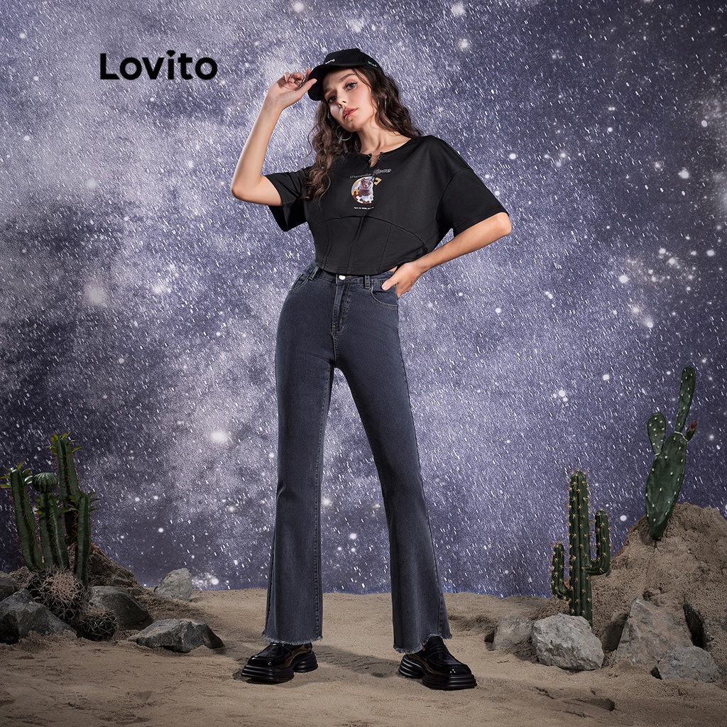 Lovito STAR GIRL Preppy Animal Pyrograph Pin Keyhole Đường viền cổ áo nữ Áo phông L32AE040 (Đen)