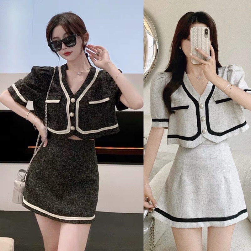 [ S251] Set Dạ Tiêu Viền Ren 2 Màu, Set Bộ Áo Khoác Dạ Mix Chân Váy