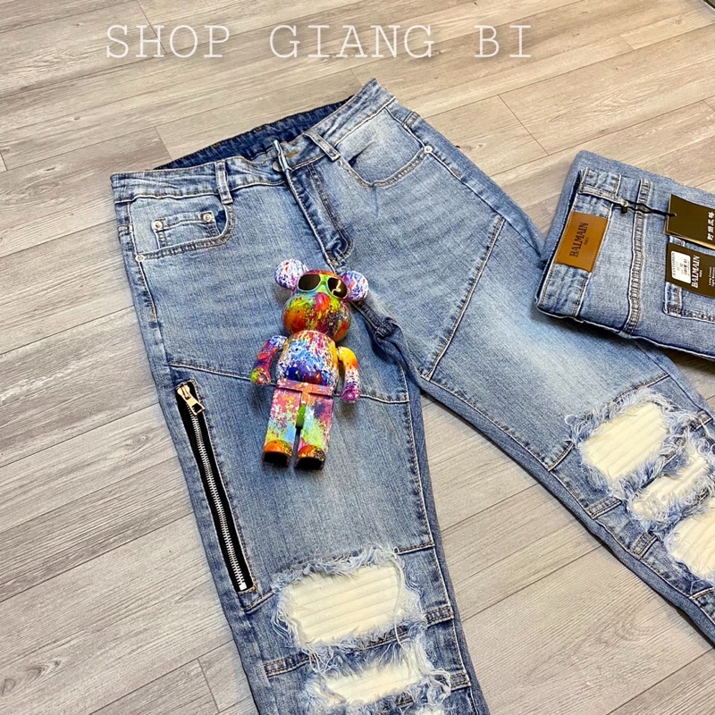 Quần jean vá da nhăn mikenco,quần bò mikenco vá da nhăn màu trắng dáng slimfit