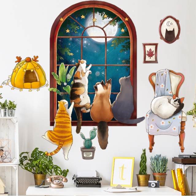 Decal trang trí tường - Những chú mèo ngồi bên cửa sổ trăng
