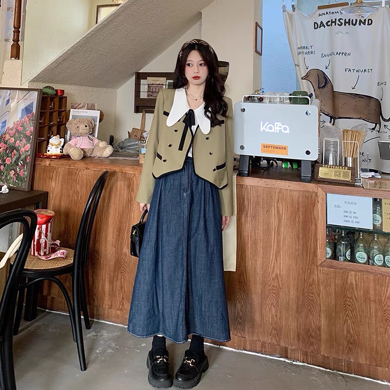 [Ảnh thật/Sẵn] Chân váy jean khuy gỗ cạp chun sau xếp li dáng xòe 2 màu