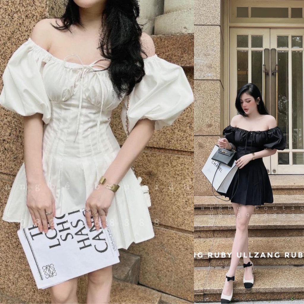 Đầm Tiểu Thư Trắng Trễ vai Cột Nơ Ngực Váy Trắng Thiết Kế Dây Cột Xếp Ly Bụng or002