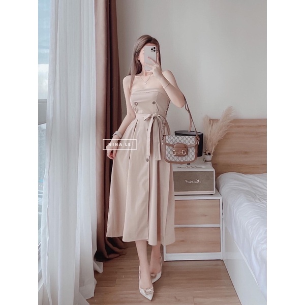 Đầm maxi phối nút cột eo