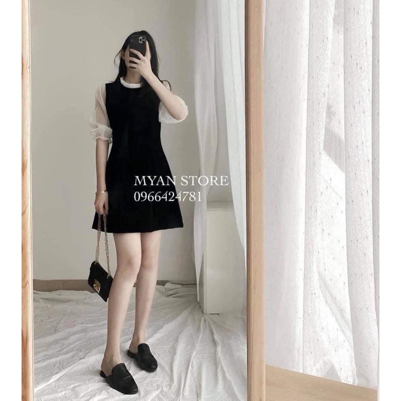 ĐẦM ĐI TIỆC-Váy umi chữ A tay lỡ phối voan cổ bèo hàng bán shop