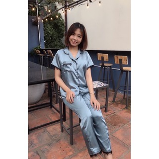 Bộ ngủ lụa phối ren - tay ngắn quần dài