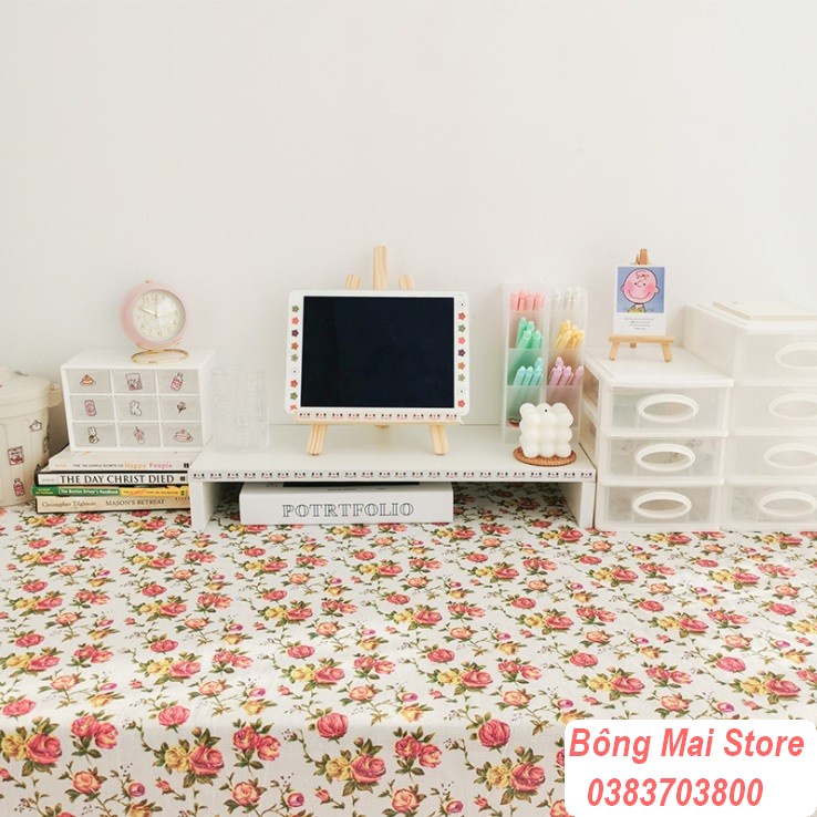 [100*150cm] Khăn trải bàn, thảm picnic vải canvas trắng đỏ họa tiết bông hồng phong cách vintage - T046