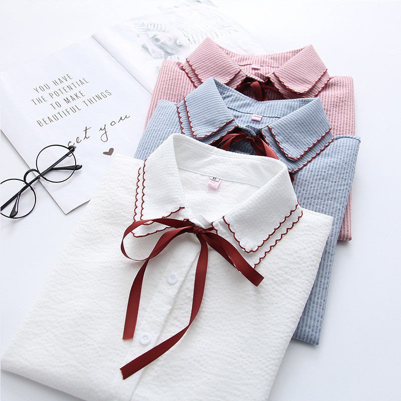 Korean Style Sweet Lace-up Bow Women's Blouse Fashion Casual Stripe Print Double-layer Blouses | BigBuy360 - bigbuy360.vn