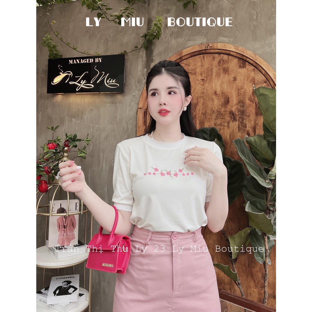 Set chân váy hồng thêu hoa đào áo thun ngắn tay chân váy midi dáng dài DN130