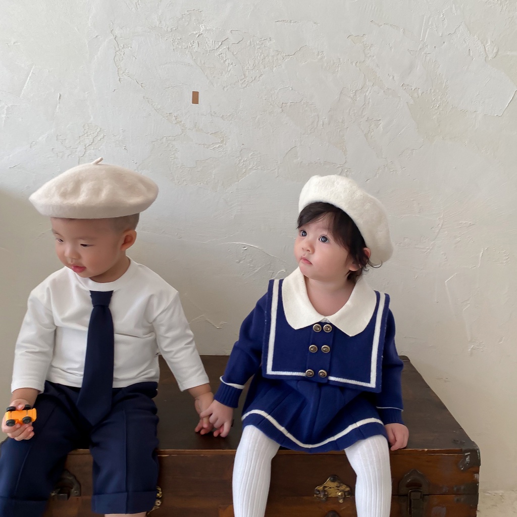 Đầm Dệt Kim Thủy Thủ Tay Dài Thời Trang Thu Đông Cho Bé Gái