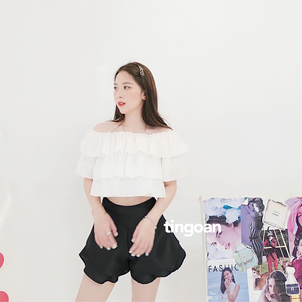 Áo trễ vai croptop 3 tầng đũi chống nhăn co dãn trắng tingoan BOY BYE OFF/WH