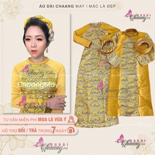 Áo dài cặp gấm vân gỗ vàng Chaang may sẵn áo dành cho ăn hỏi hoặc dự tiệc sự kiện chất gấm dệt xịn