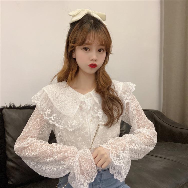 Áo sơ mi tay dài vải ren thời trang xinh xắn cho nữ