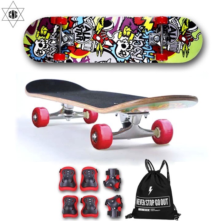 Bộ ván trượt mặt nhám + Bộ bảo hộ + Balo túi rút