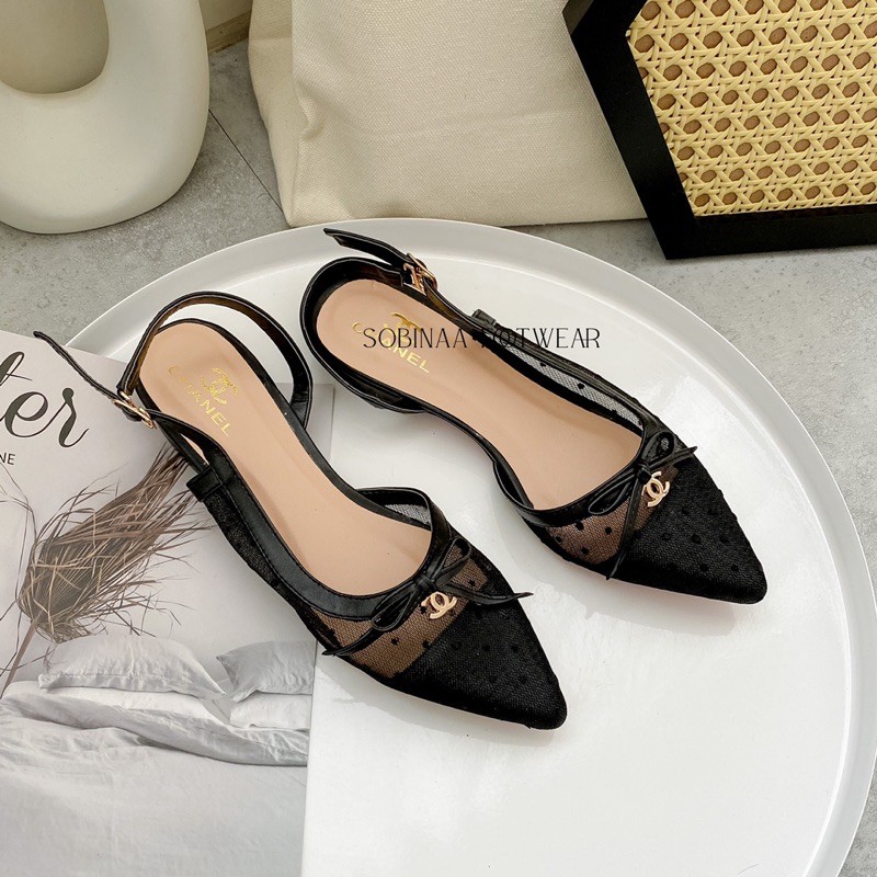 Sandal lưới mũi nhọn cao 2cm