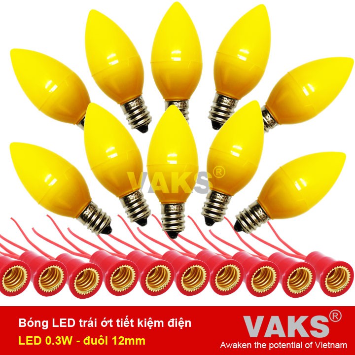 10 bóng led trái ớt tiết kiệm điện 0.3W + 10 đuôi E12 - Trắng, đỏ, xanh lá, xanh dương, vàng.