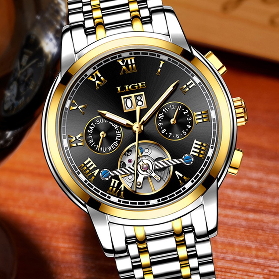 LIGE Men's Watch Fashion Sports Watch Automatic Date Roman Digital Steel Belt Waterproof Mechanical Watch