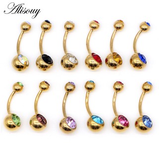 Alisouy 1PC G23 Thép Không Gỉ Rốn Nhẫn Vàng Anodized Bụng Nút Xuyên Navels Đôi Pha Lê Thời Trang Ombligo Cho Nữ 14G Trang Sức