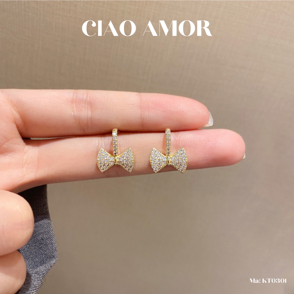 Khuyên tai nữ, Bông tai nữ bạc 925 thanh nơ đính đá dễ thương Trang sức Ciao Amor - KT0301