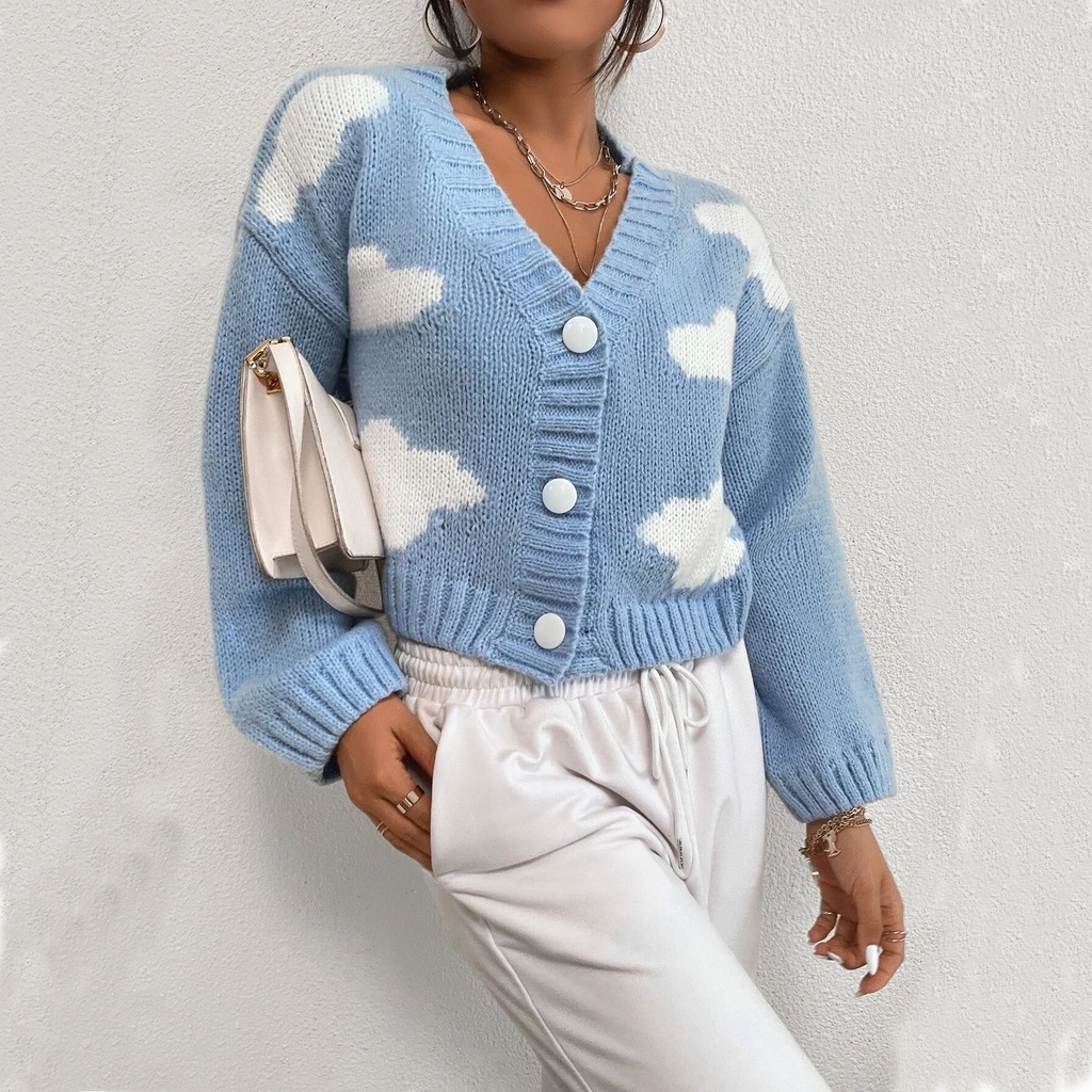 Hàng Sẵn_ Áo khoác len cổ V dáng ngắn màu xanh da trời